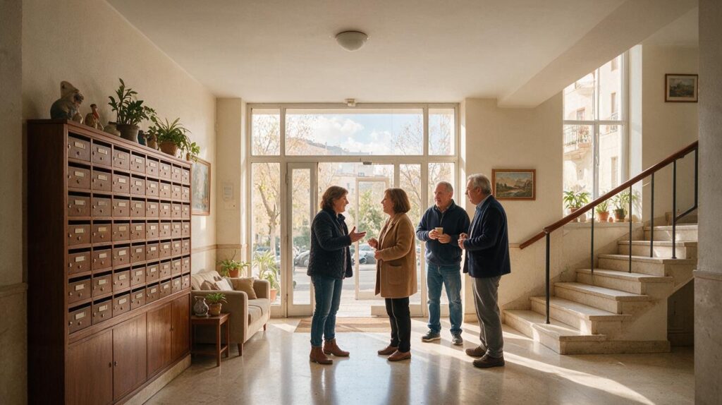 Vecinos conversando en el portal de un edificio residencial en Madrid