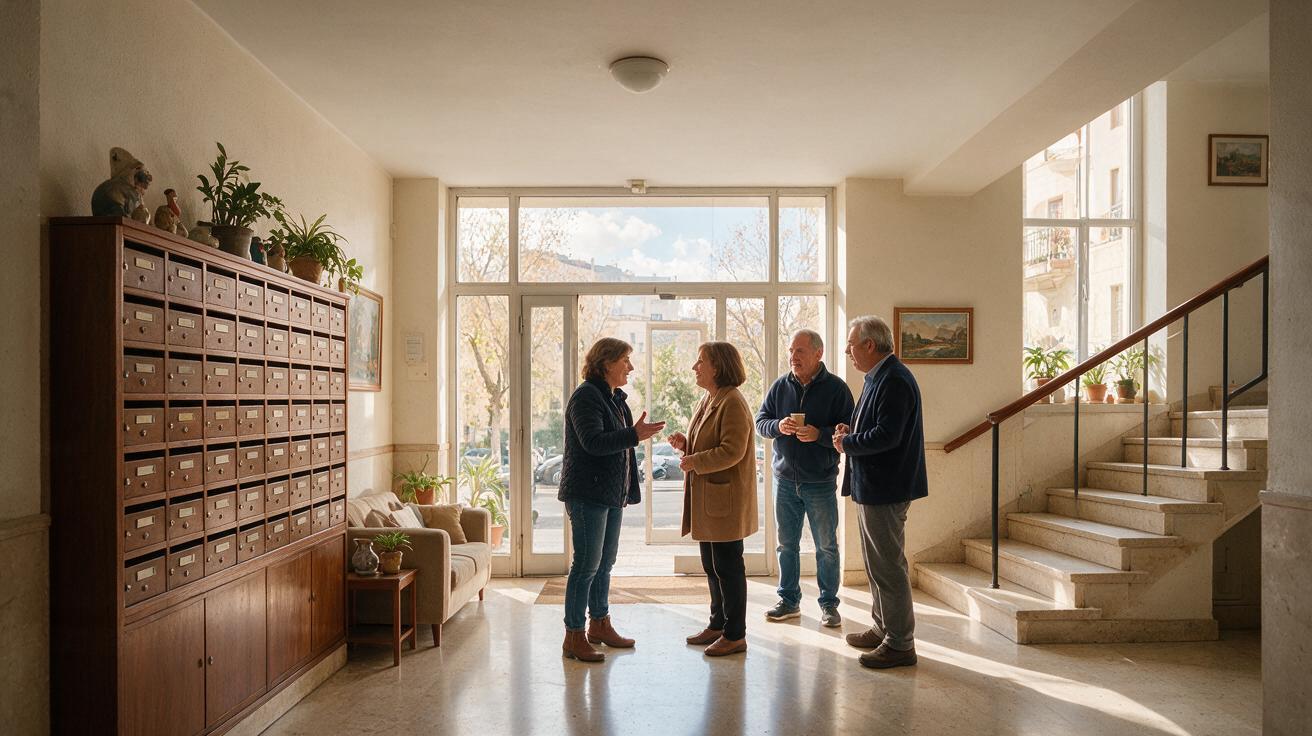Vecinos conversando en el portal de un edificio residencial en Madrid