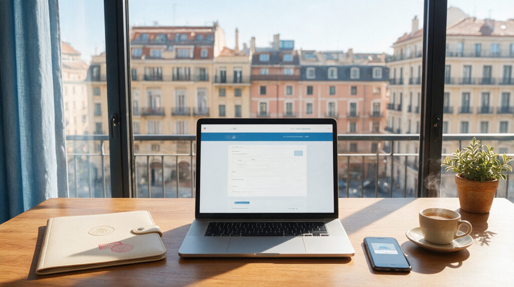 Documento oficial de registro turístico VUT sobre un escritorio en Madrid, con ordenador portátil mostrando un portal administrativo