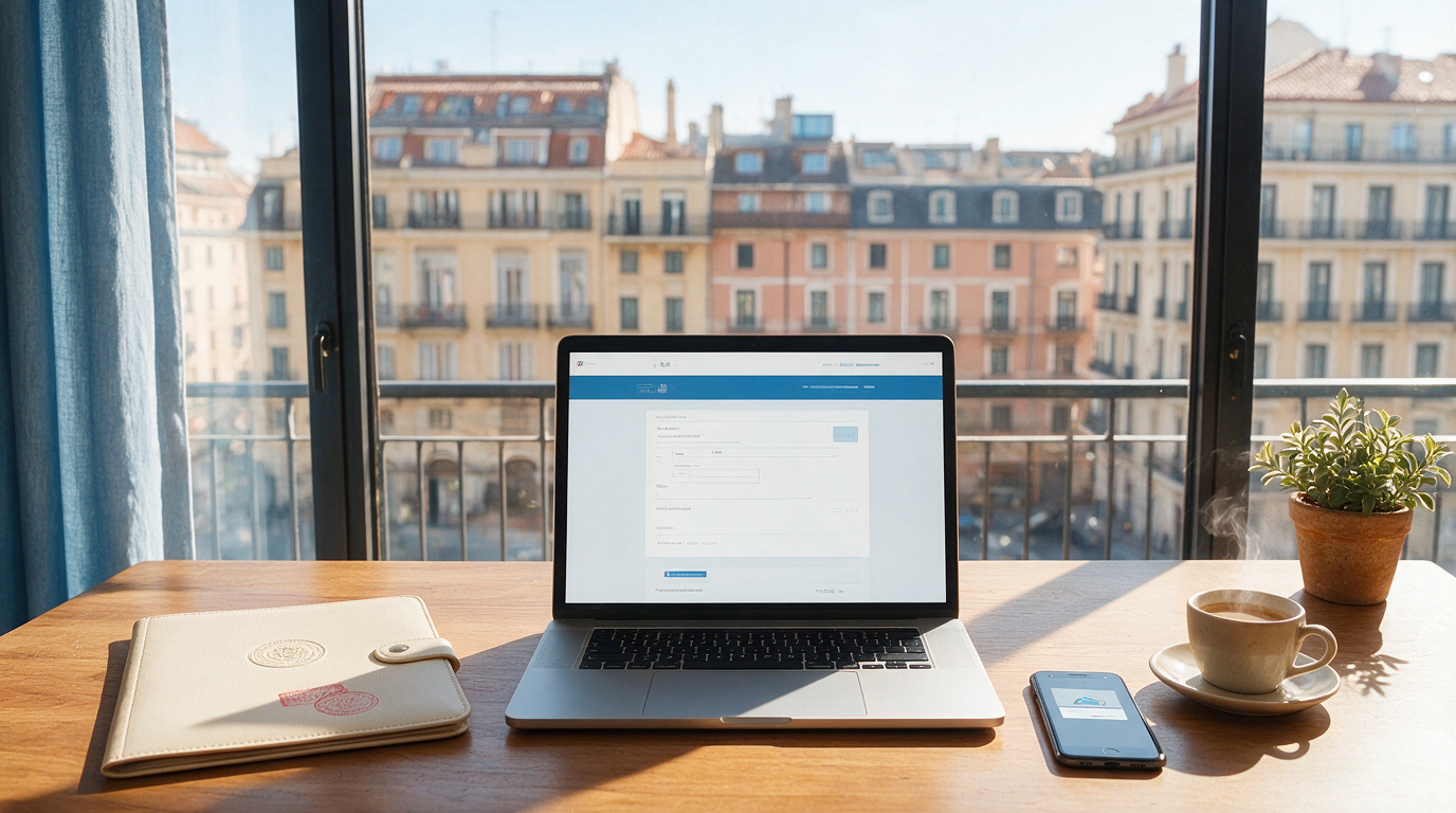 Documento oficial de registro turístico VUT sobre un escritorio en Madrid, con ordenador portátil mostrando un portal administrativo