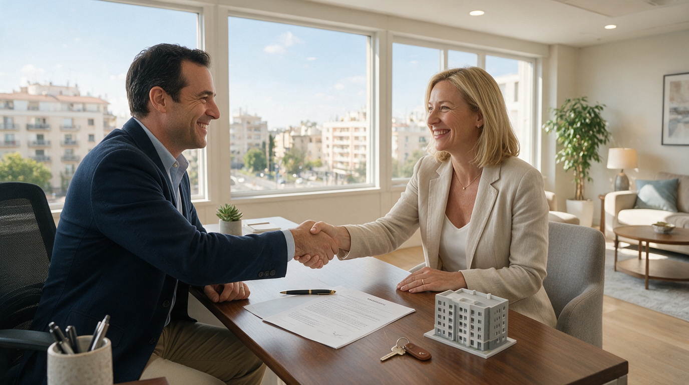 Dos profesionales estrechando la mano tras firmar un contrato de gestión en una oficina moderna