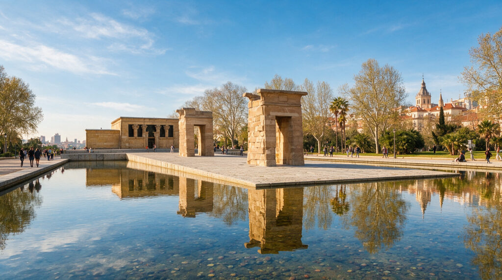 Vista panorámica de Madrid con una plaza llena de turistas en un día soleado