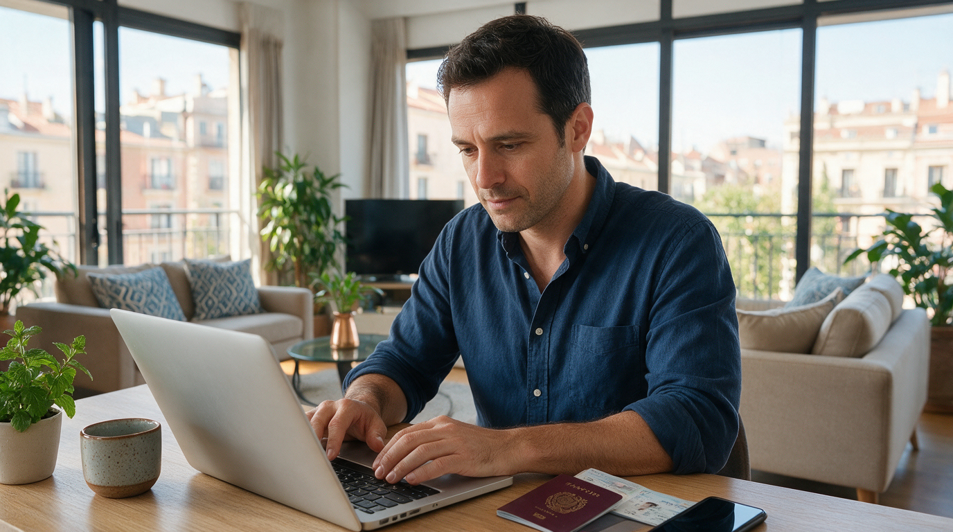 Propietario registrando los datos de un huésped en un portátil con un pasaporte sobre la mesa
