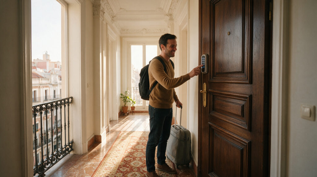 Cerradura inteligente con teclado en la puerta de un apartamento y un huésped llegando con maleta