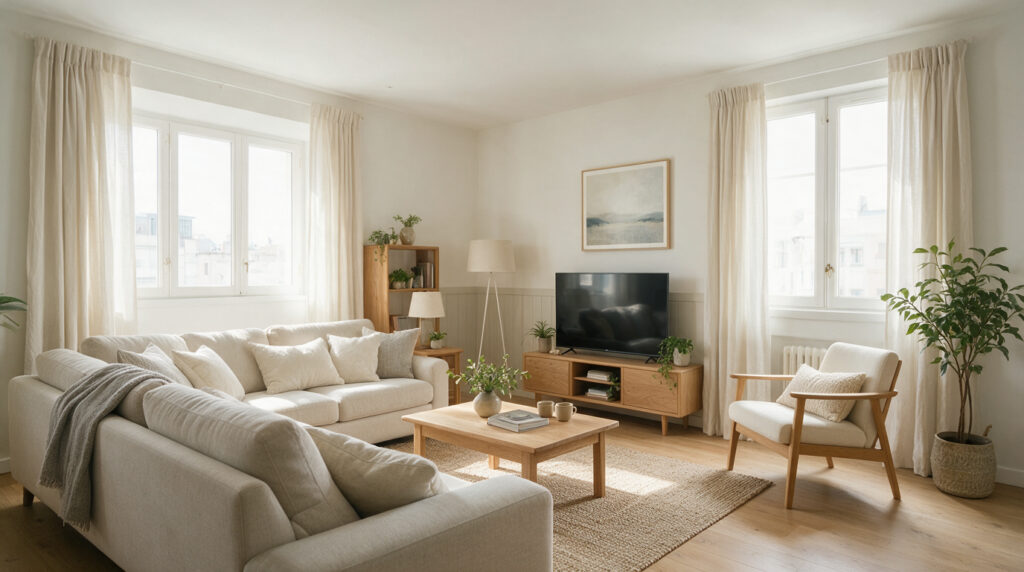 Salón de un apartamento turístico moderno bien amueblado y decorado con luz natural
