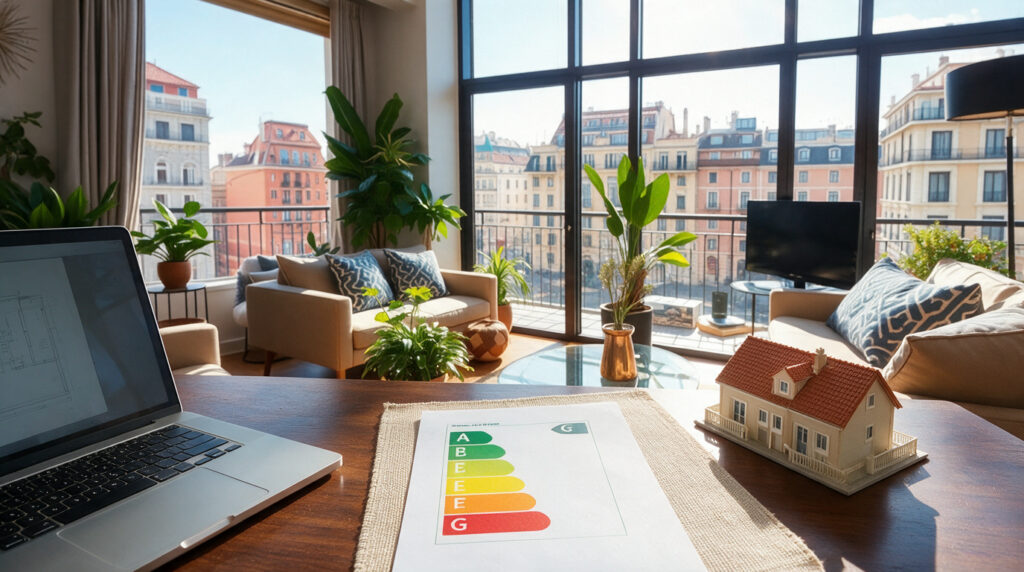 Documento con etiqueta de eficiencia energética A a G junto a una maqueta de casa y un portátil