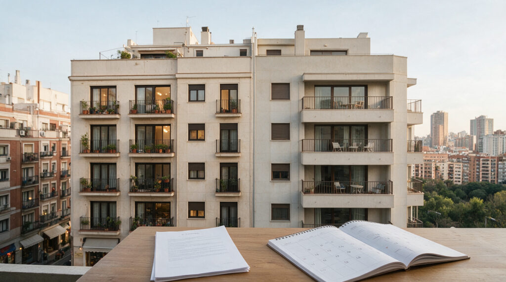 Edificio de apartamentos en Madrid con un calendario y un contrato de alquiler sobre una mesa