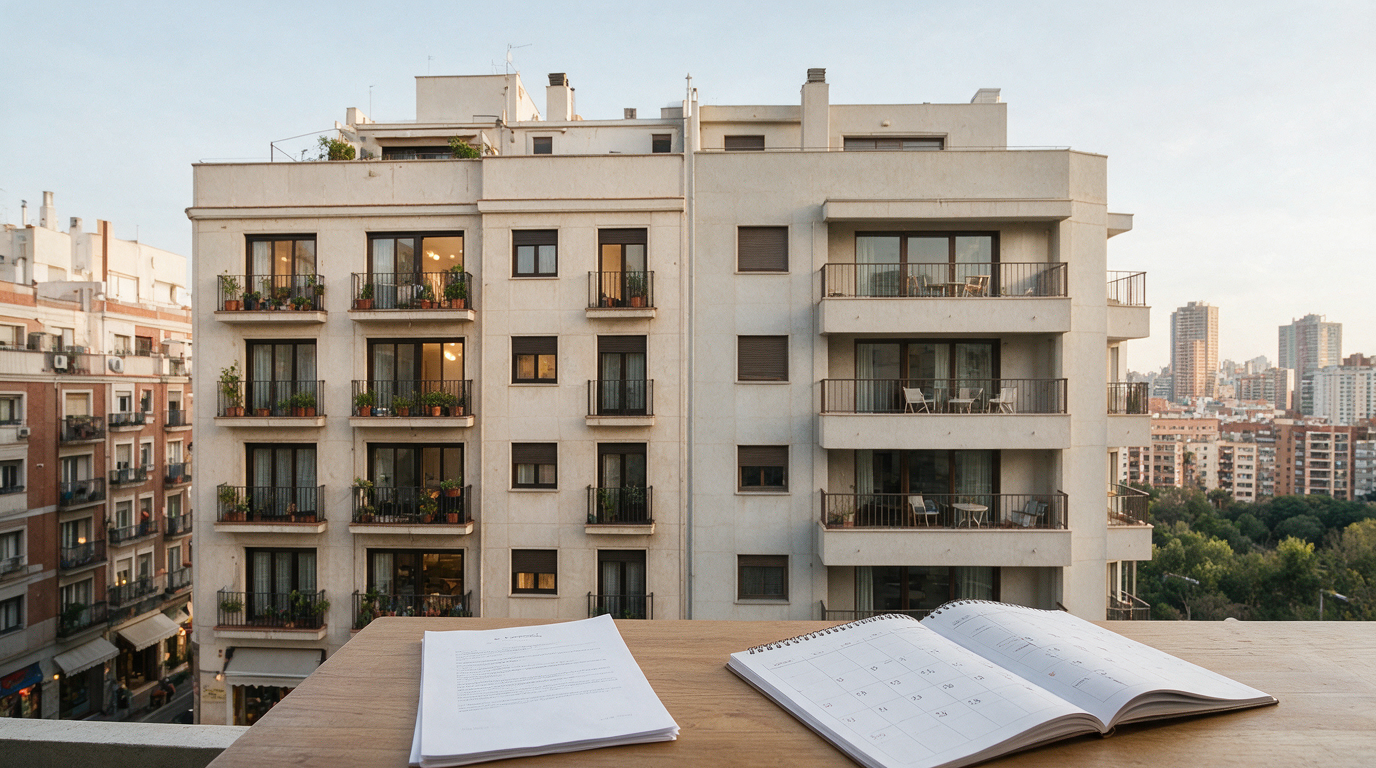 Edificio de apartamentos en Madrid con un calendario y un contrato de alquiler sobre una mesa