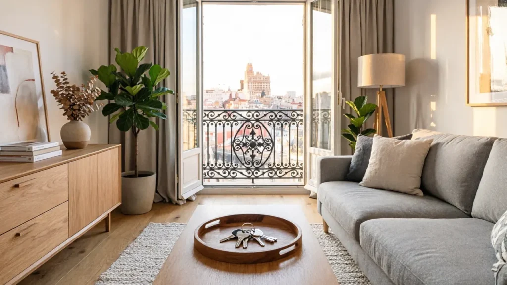 Salón luminoso y acogedor de un apartamento turístico en Madrid preparado profesionalmente para huéspedes