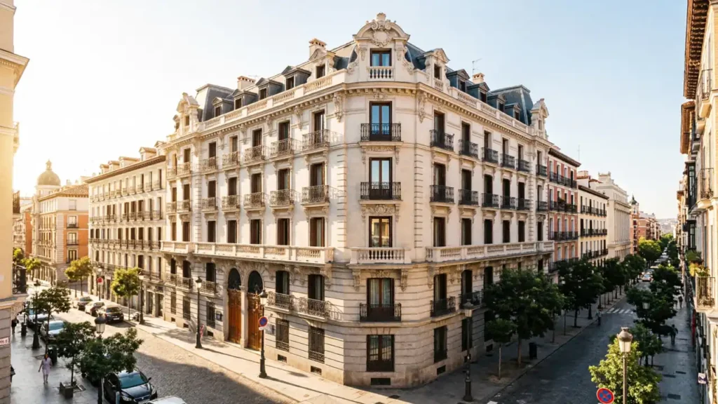 Fachada de un edificio clásico rehabilitado para apartamentos turísticos en una calle céntrica de Madrid
