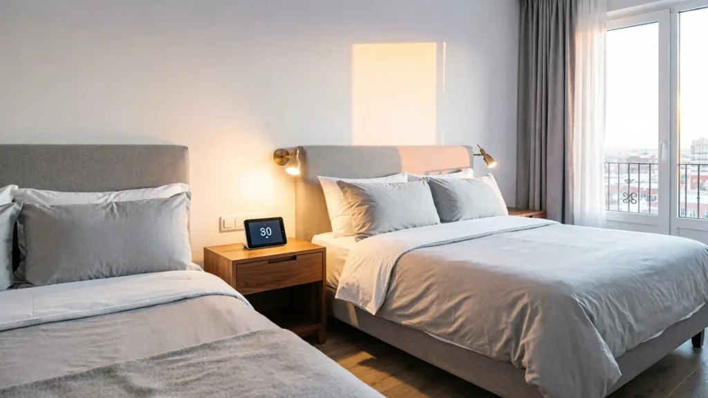 Dormitorio acogedor y tranquilo de una vivienda turística en Madrid protegida con tecnología de descanso y convivencia