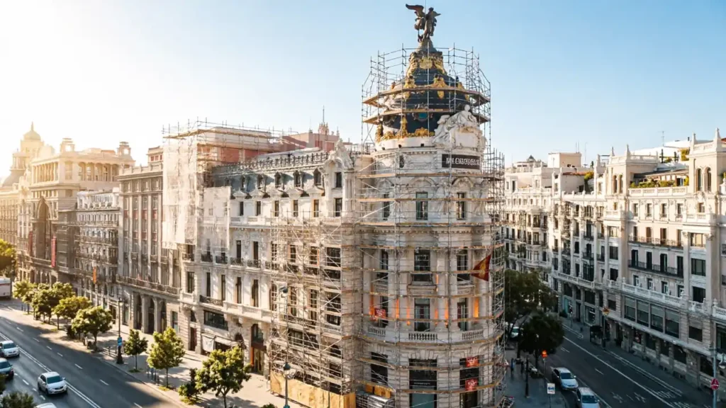 Edificio de oficinas en rehabilitación para convertirlo en apartamentos turísticos en Madrid