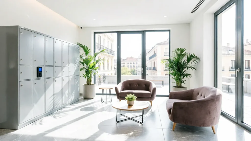 Recepción moderna de un edificio de apartamentos turísticos en Madrid