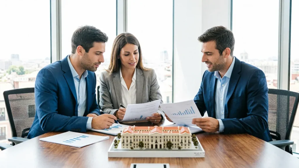 Reunión de propietario e inversor revisando un contrato de gestión de edificio turístico
