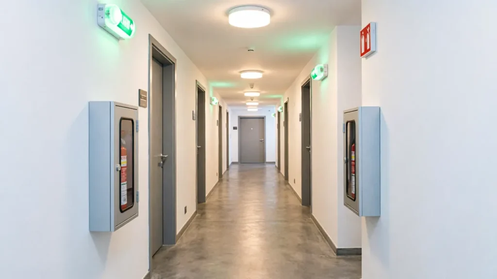 Pasillo accesible con señalización de emergencia en un edificio turístico