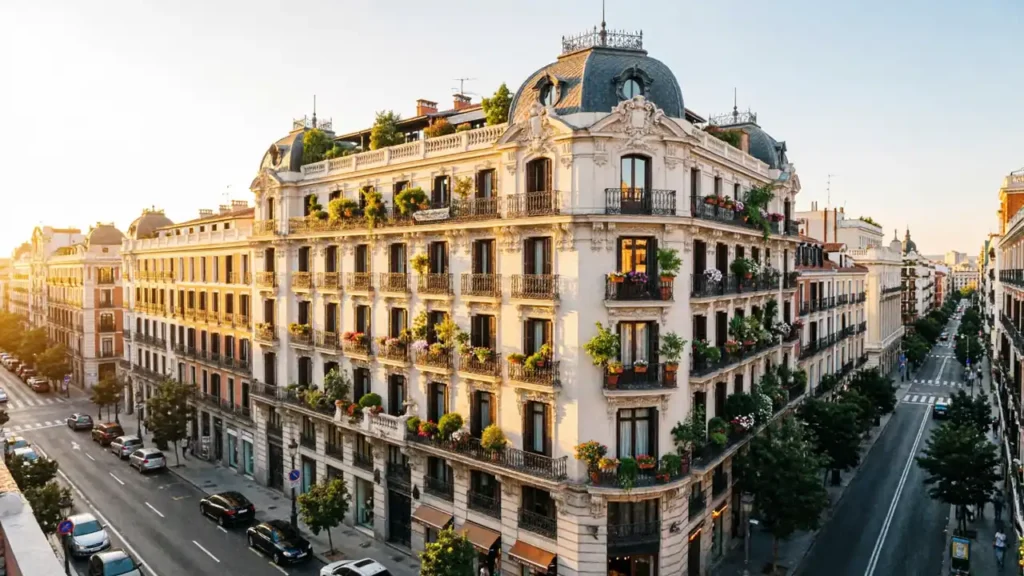 Fachada de edificio residencial clásico en Madrid destinado a alquiler turístico