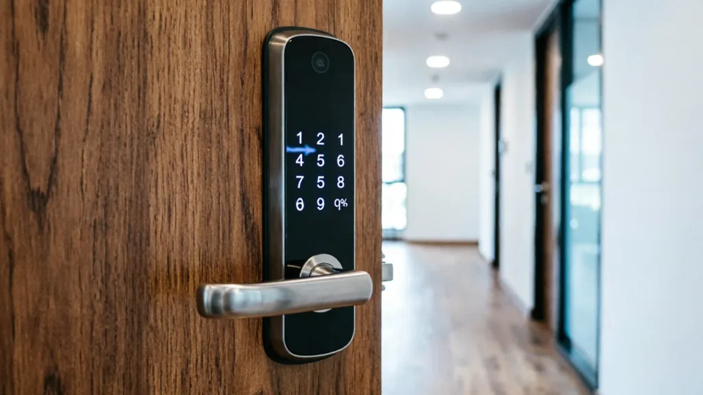 Cerradura inteligente con teclado en la puerta de un apartamento turístico